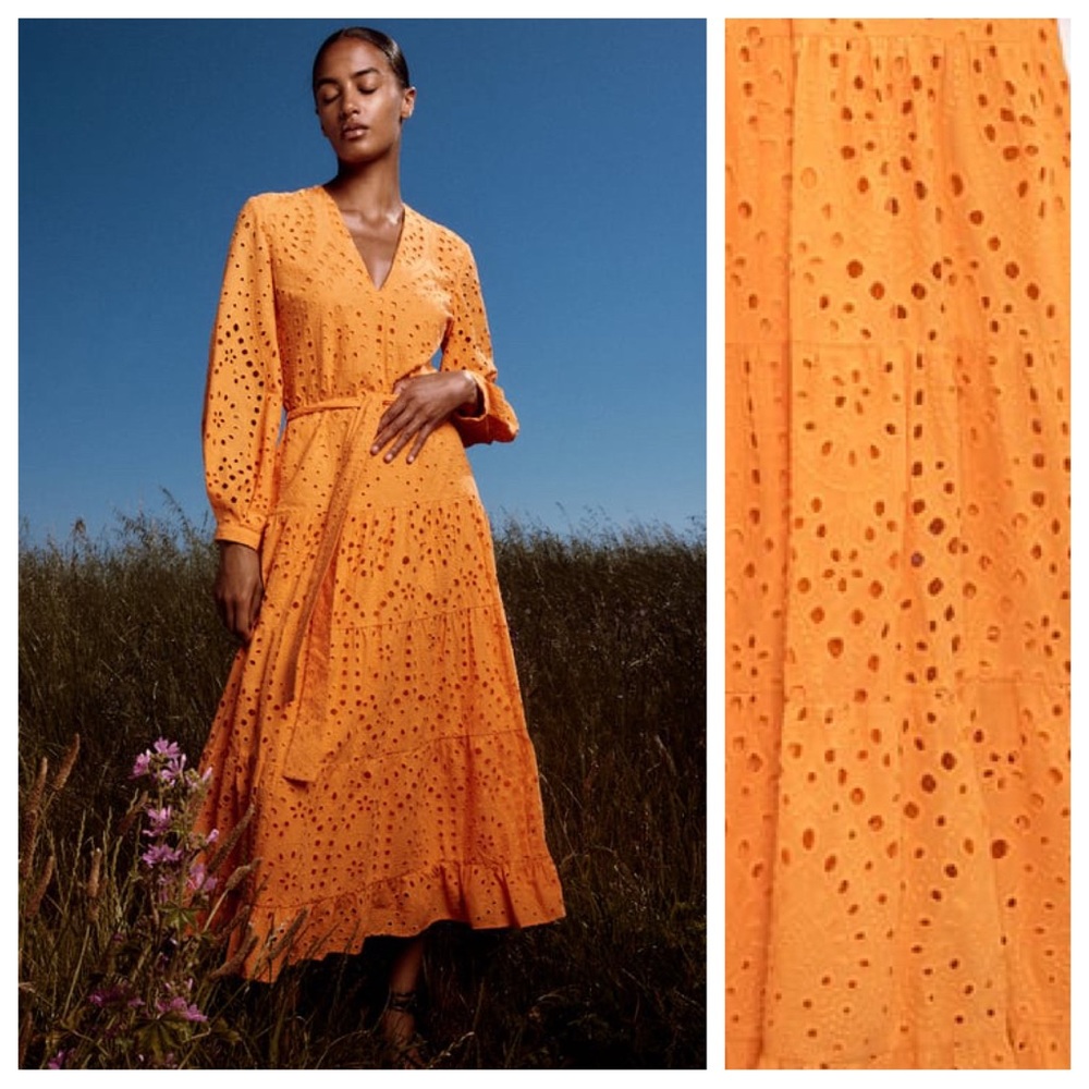 Zara Orange Openwork Embroidered Midi V-neck Dress with Belt. Size M.